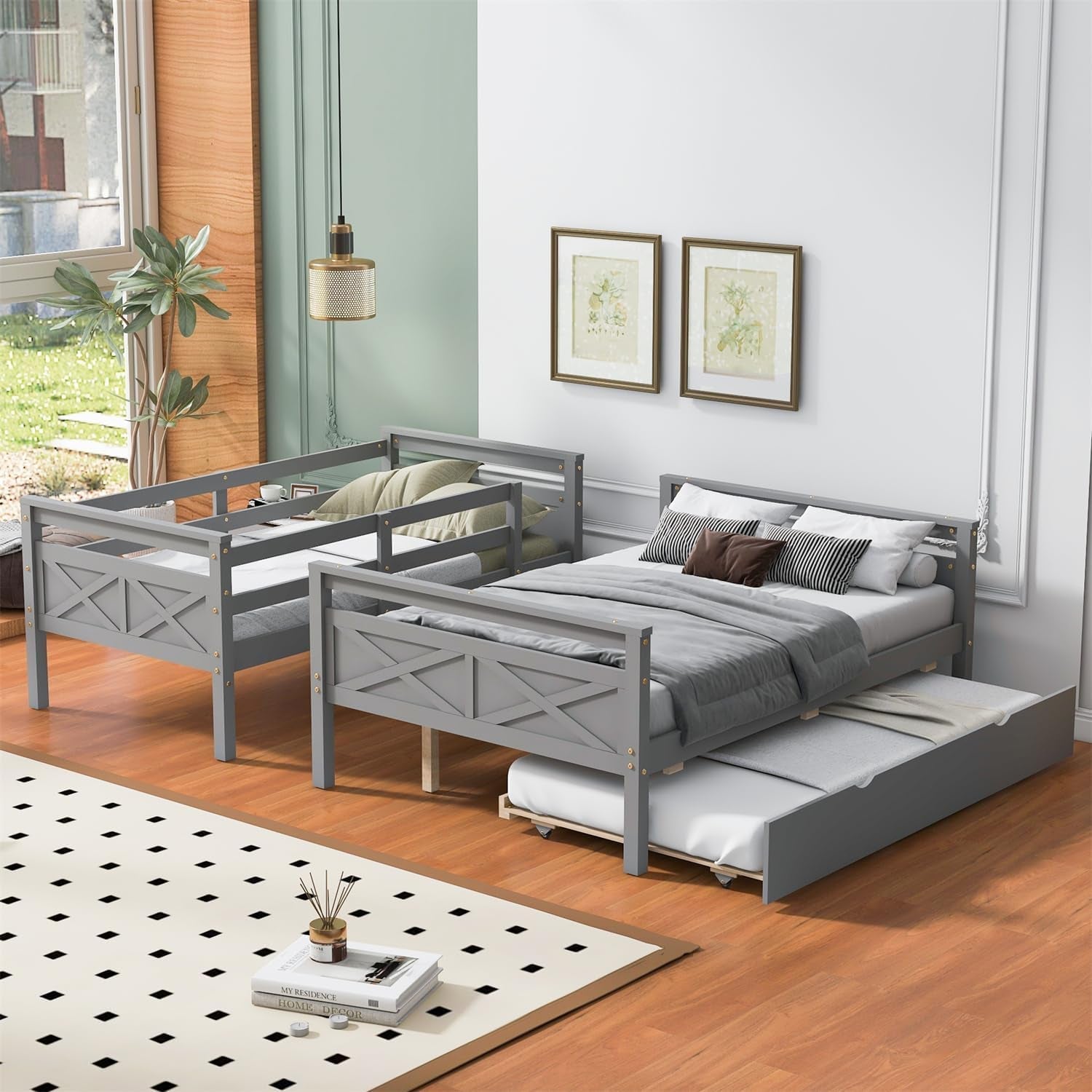 Trundle Bunk Bed, Twin over Full Wood Bunk Bed with Twin Size Trundle, Solid Wood Bunk Bed Frame with Guardrail and Ladder, Grey-3