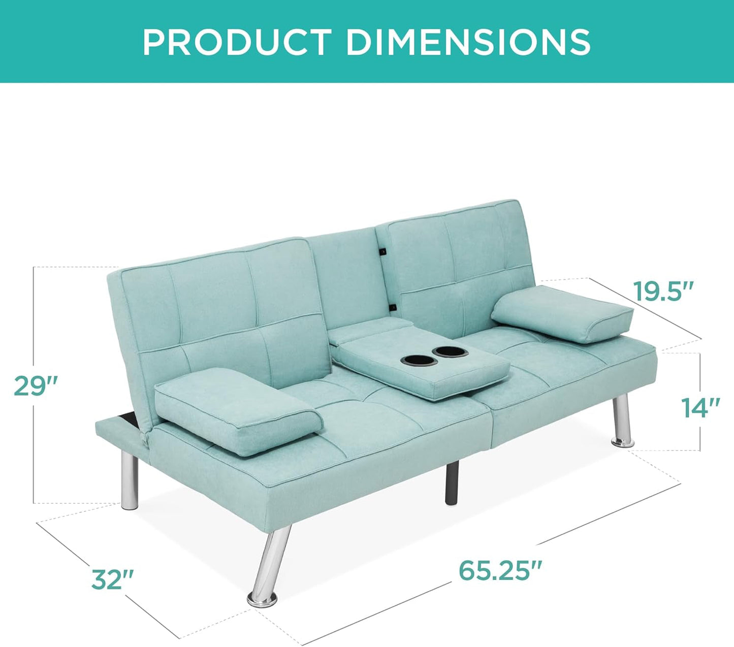 Linen Modern Folding Futon, Reclining Sofa Bed for Apartment, Dorm W/Removable Armrests, 2 Cupholders - Aqua-1