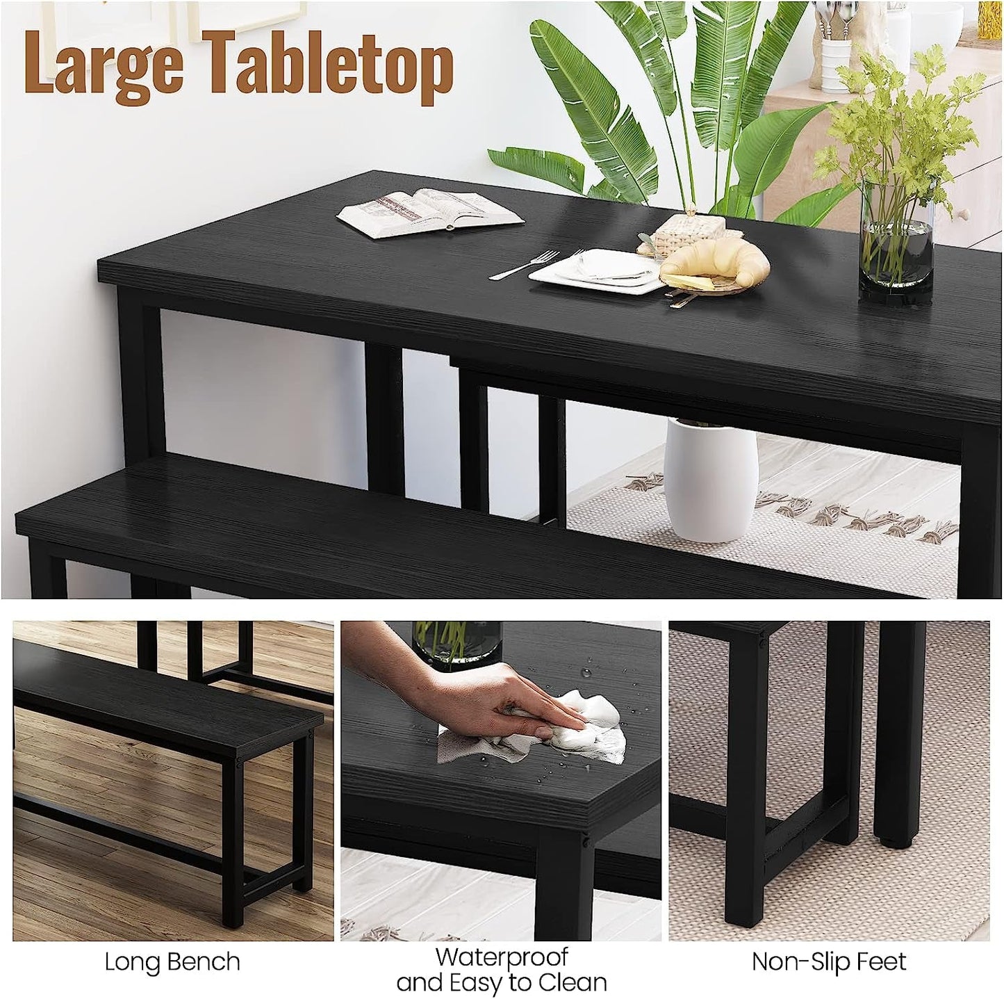 Rectangular Dining Table and Chairs for 4, Modern Wood Bench Dining Room Table Set-3