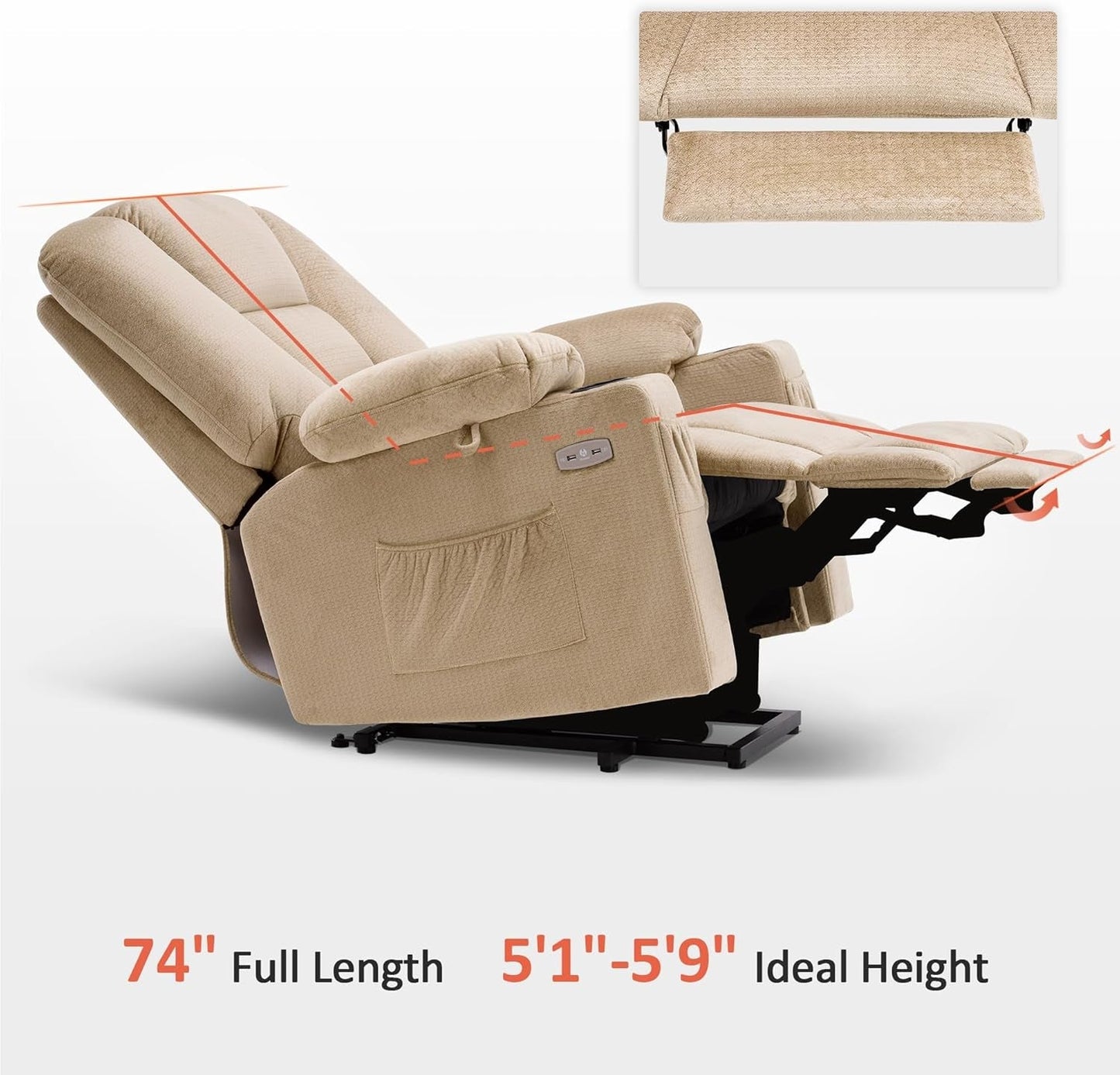 Power Lift Recliner Chair with Massage and Heat for Elderly People, Cup Holders, USB Ports, Side Pockets, Fabric 7529 (Medium, Beige)-2