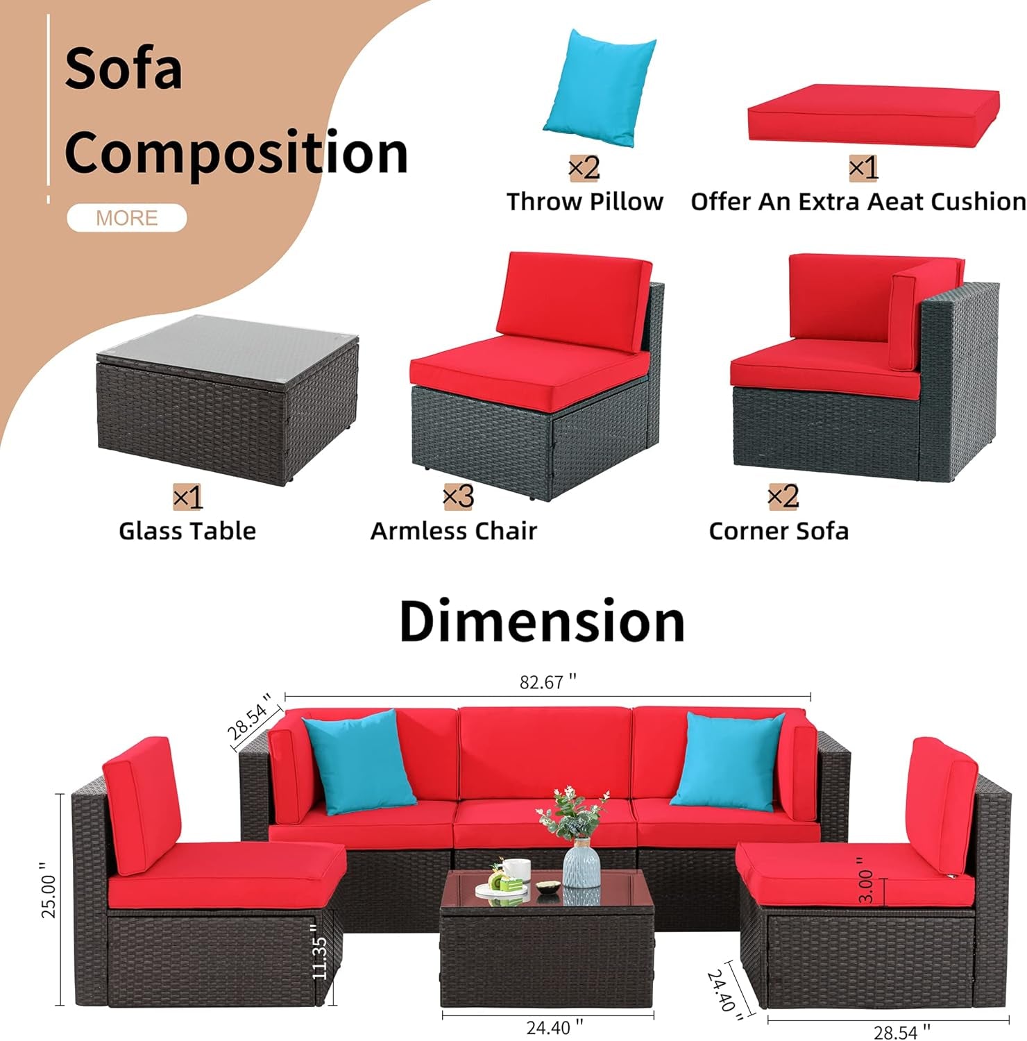 6 Pieces Patio Furniture Sets Outdoor All-Weather Sectional Patio Sofa Set PE Rattan Manual Weaving Wicker Patio Conversation Set with Glass Table&Ottoman Cushion and Red Pillows, Red-1