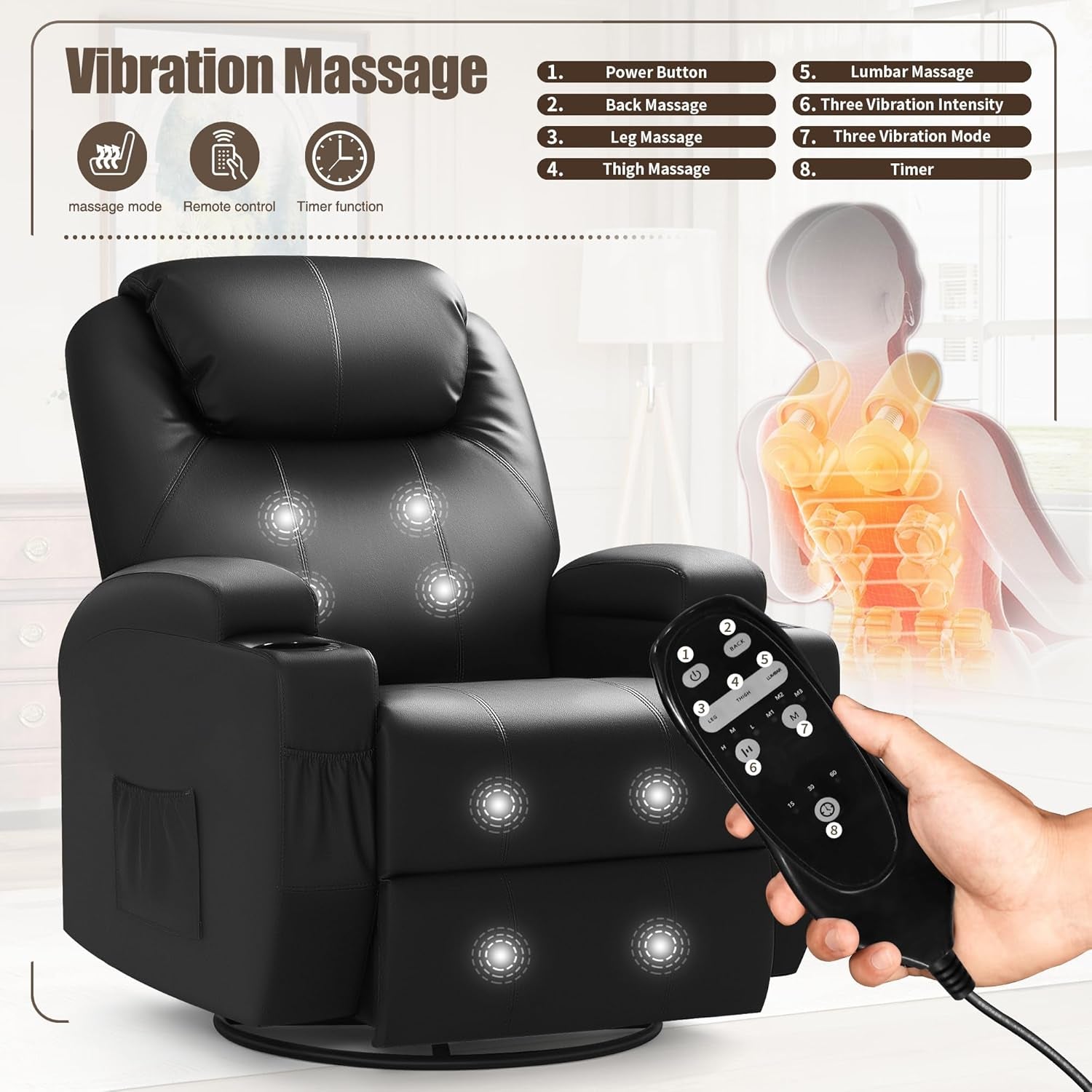 Recliner Chair, Rocking Massage Chairs, Home Reclining Sofa Chair, PU Leather, Ergonomic Living Room Chair with Cup Holders, Remote Control (Black)-2