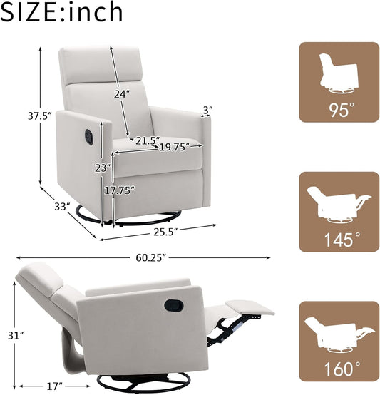 Modern Upholstered Recliner Chair with Thick Seat Cushion and Backrest Swiel Accent Armchair for Living Room, Bedroom, Home Office Beige-1