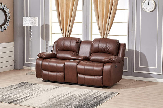 Power Reclining Bonded Leather Living Room Set (Brown, Loveseat)-0