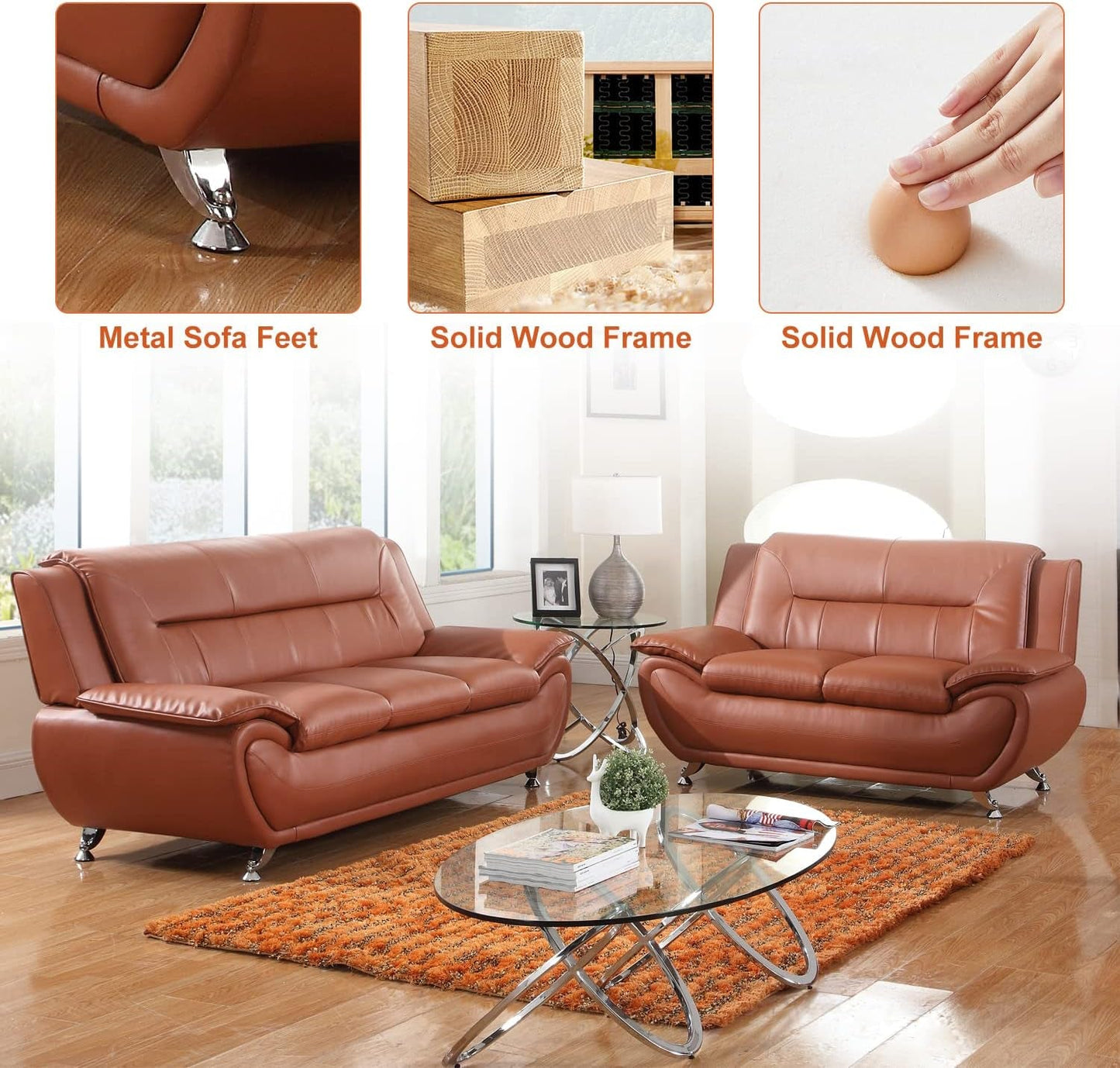 Faux Leather 2 Piece Sofa Set, Modern Orange Living Room Couch and Loveseat with Solid Wood Frames, Foam Filled, Button Tufted-2