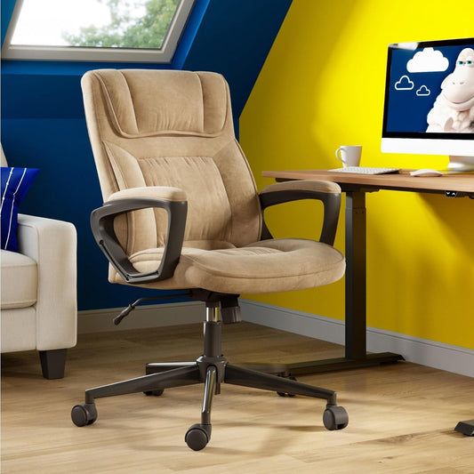Hannah Executive Home Office Desk Chair, Ergonomic Mid-Back with Lumbar Support, Firm Seat Cushion, Layered Body Pillows, Padded Armrests, Swivel Base, Easy Assembly, Microfiber/Beige-1