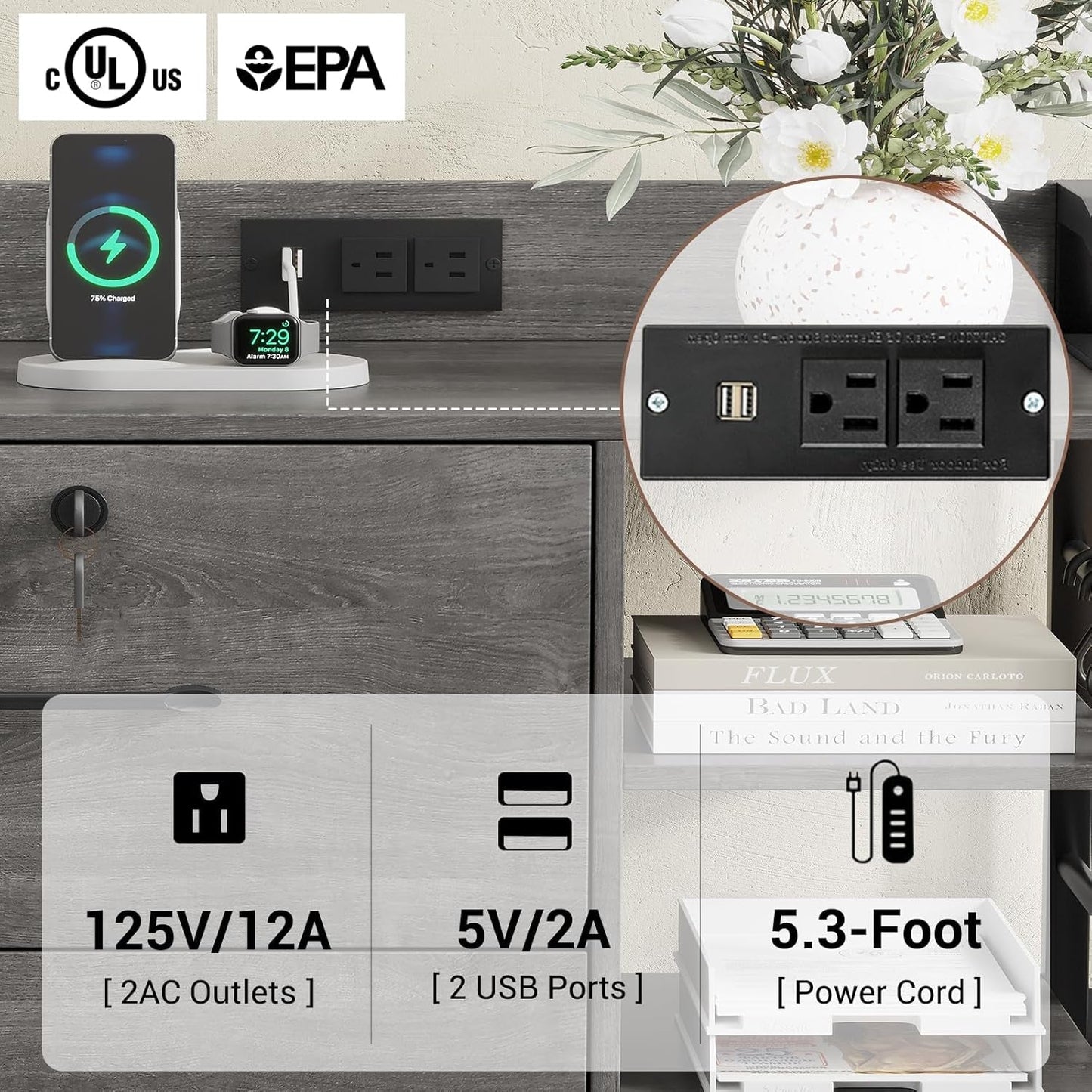 44" File Cabinet, Filing Cabinet Fits Legal/Letter Size, 2 Drawer File Cabinets for Home Office with Lock, Power Strip, 6 Storage Shelves, Grey-4