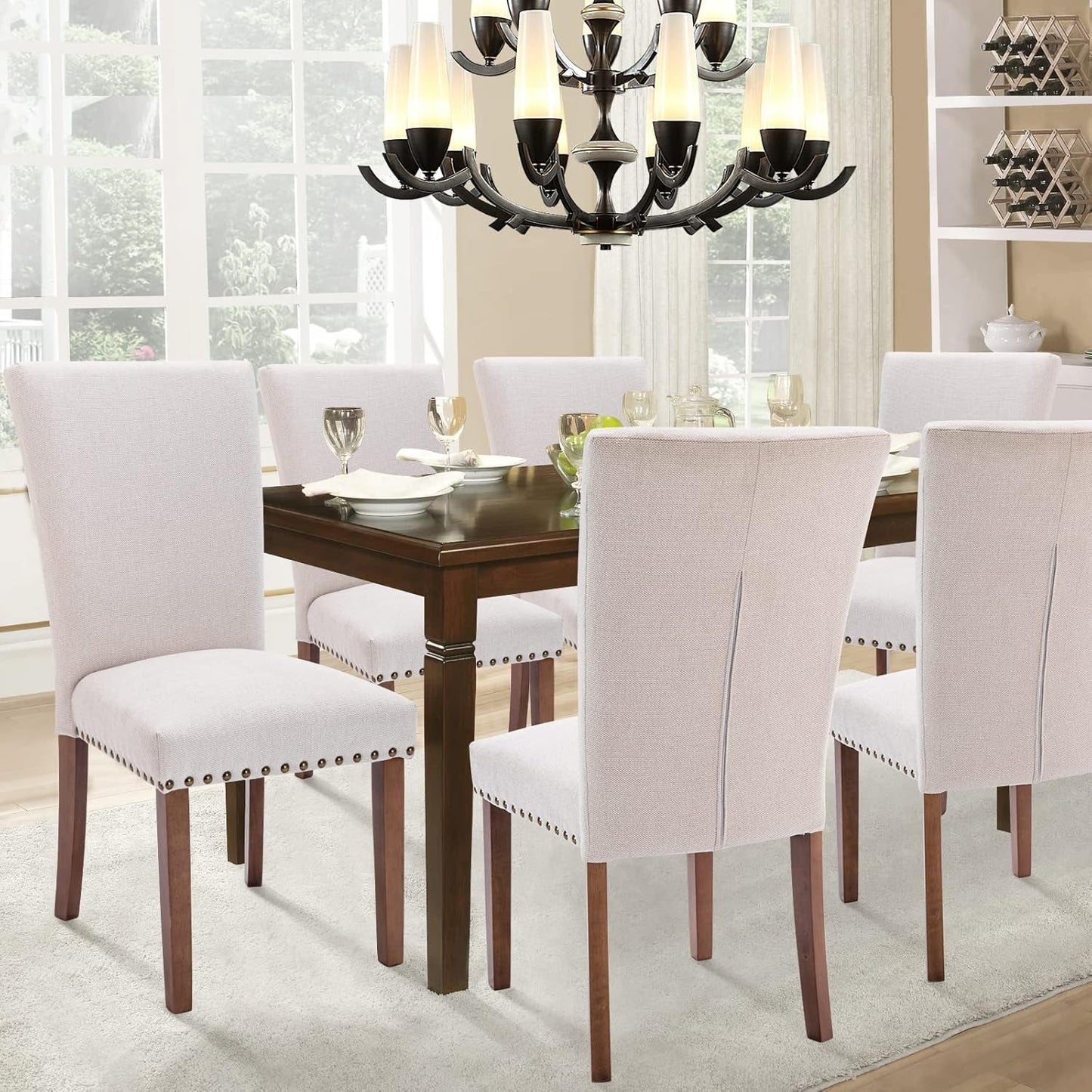 Parsons Dining Chairs Set of 4, Upholstered Nailhead Dining Room Kitchen Side Chair with Thick Cushions and Wood Legs, Beige-3