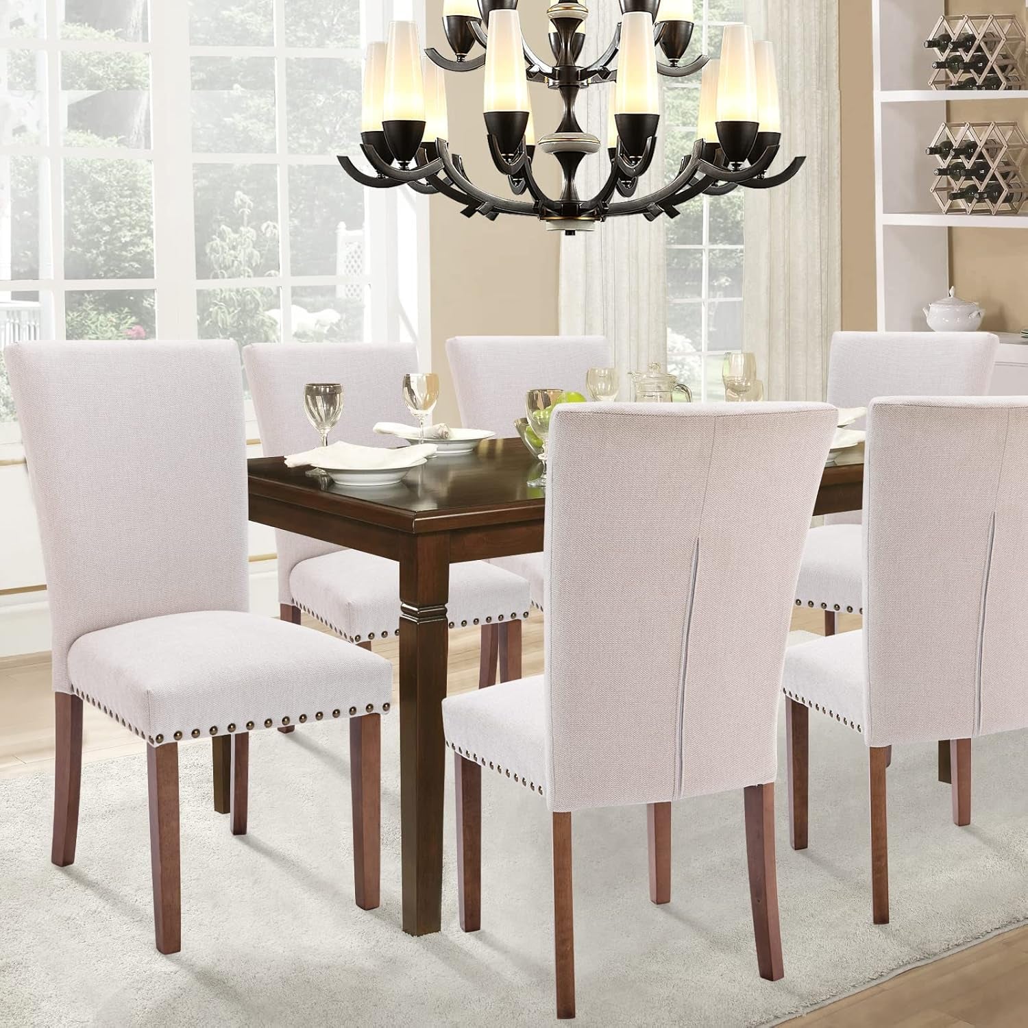 Parsons Dining Chairs Set of 4, Upholstered Nailhead Dining Room Kitchen Side Chair with Thick Cushions and Wood Legs, Beige-3