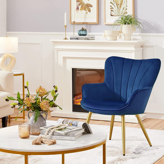 Modern Blue Velvet Wingback Chair with Metal Legs-0