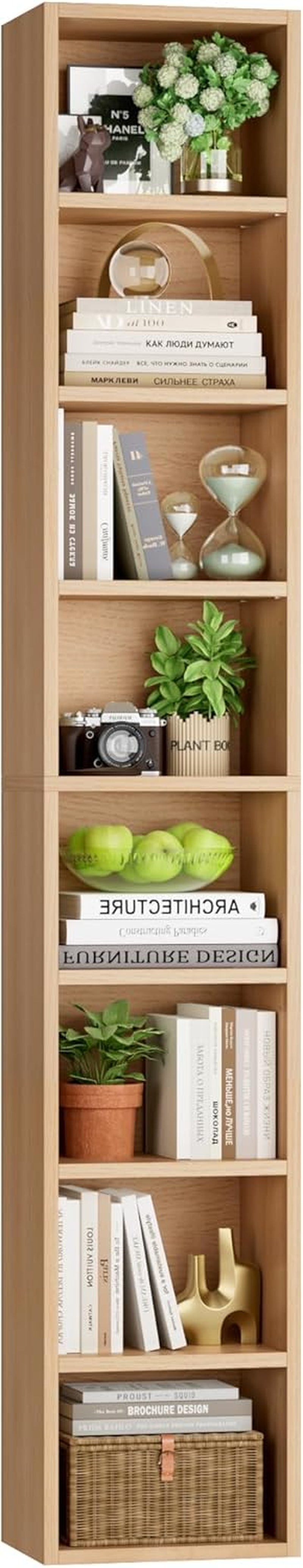 8-Tier Media Tower Rack, 11.6 X 9.3 X 71 Inches CD DVD Slim Storage Cabinet with Adjustable Shelves, Tall Narrow Bookcase Display Bookshelf for Home Office, Natural-0