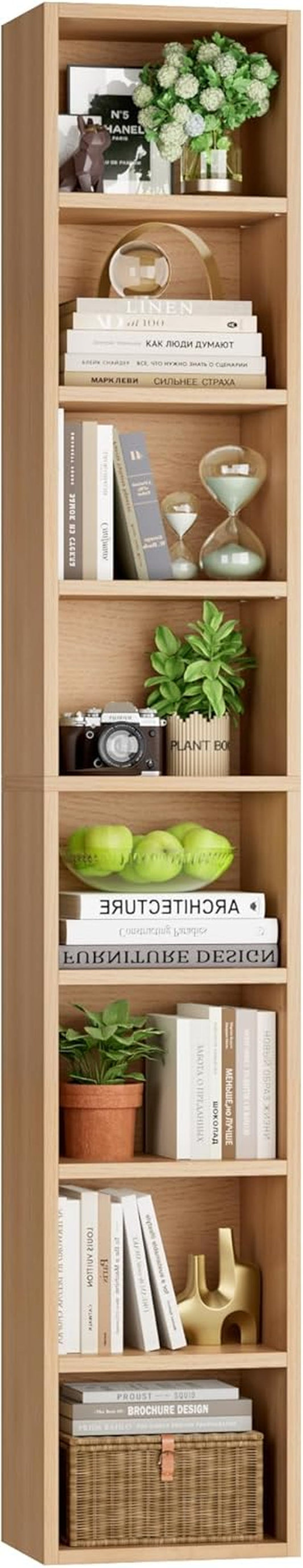 8-Tier Media Tower Rack, 11.6 X 9.3 X 71 Inches CD DVD Slim Storage Cabinet with Adjustable Shelves, Tall Narrow Bookcase Display Bookshelf for Home Office, Natural-0