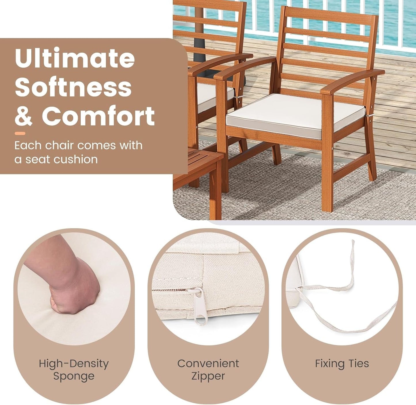 4 Pieces Outdoor Furniture Set, Acacia Wood Conversation Set W/Soft Seat Cushions, Stable Acacia Wood Frame, Patio Sofa & Coffee Table Set for Backyard, Porch, Poolside (White)-3