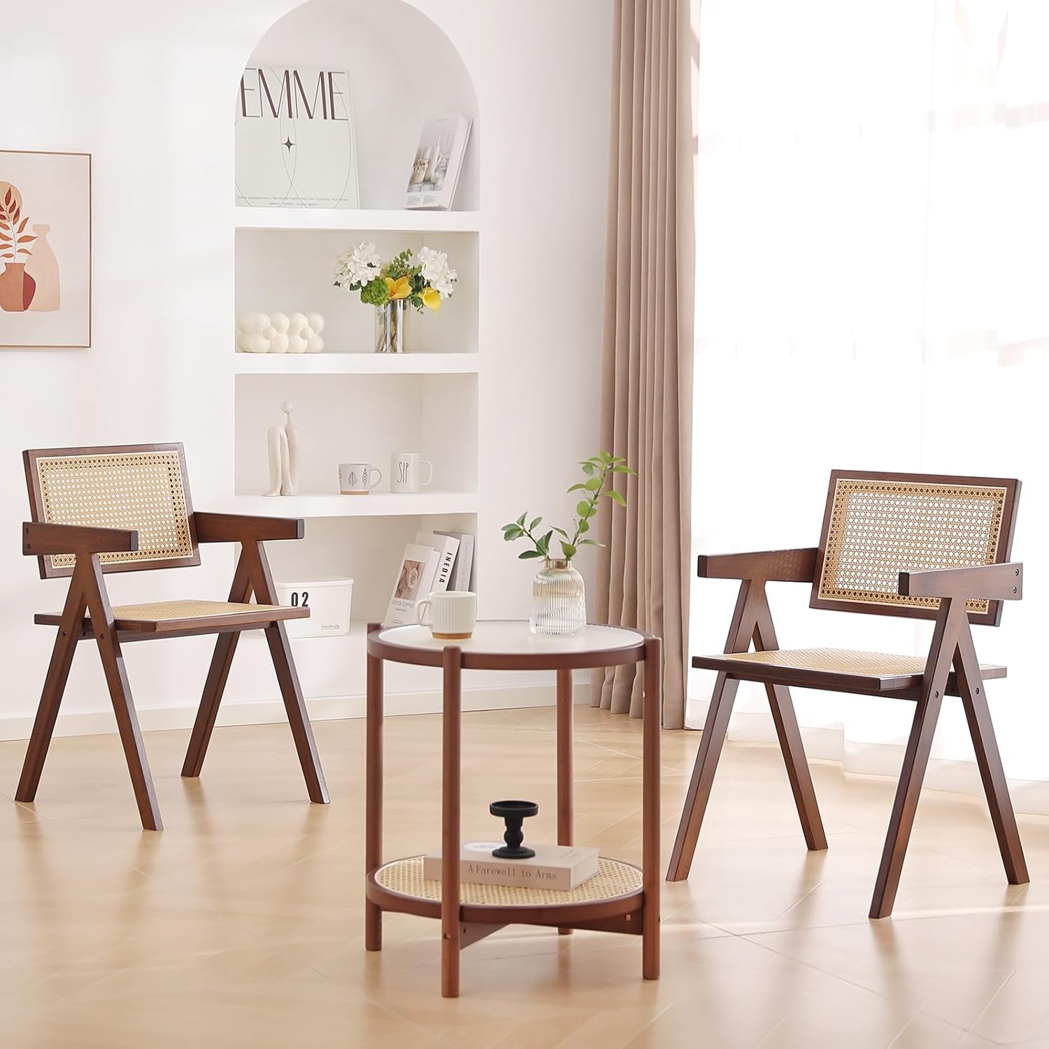 Rattan Dining Chairs Set of 2, Mid Century Modern Armchairs, Wooden Kitchen Chairs for Dining Room, Living Room, Walnut-1