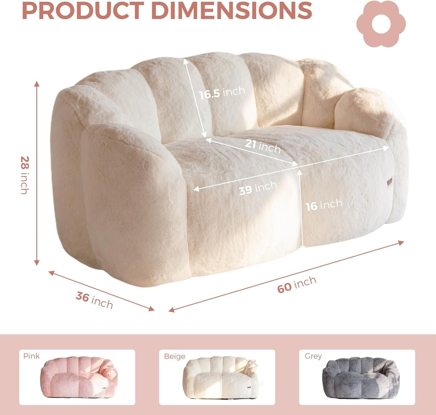 Beige Floral Shaped Loveseat Bean Bag Sofa-1