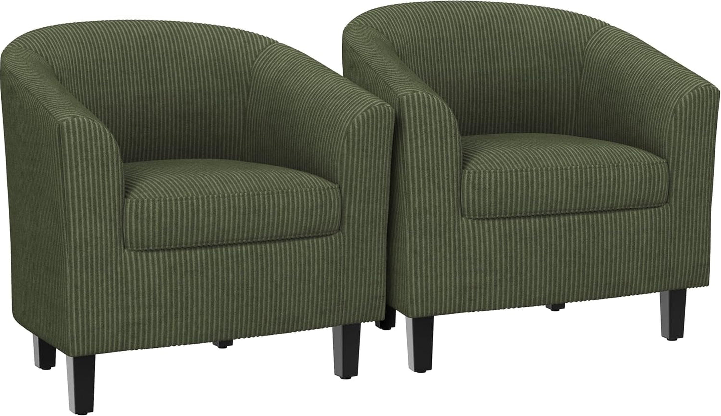 Corduroy Barrel Chairs Set of 2, Upholstered Club Chairs Accent Chairs, round Armchairs Waiting Room Chairs with Soft Cushion for Living Room Bedroom Reading Room, Dark Green-0