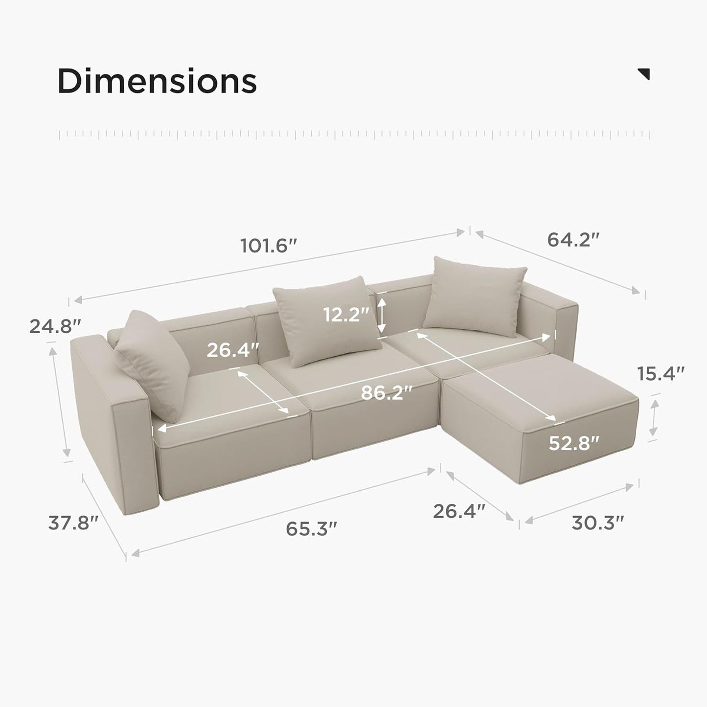 Luxury Modular Sectional Living Room Sofa Set, Modern Minimalist Style Couch with Ottoman and Chaise, L-Shape, Linen-Like Cream-1
