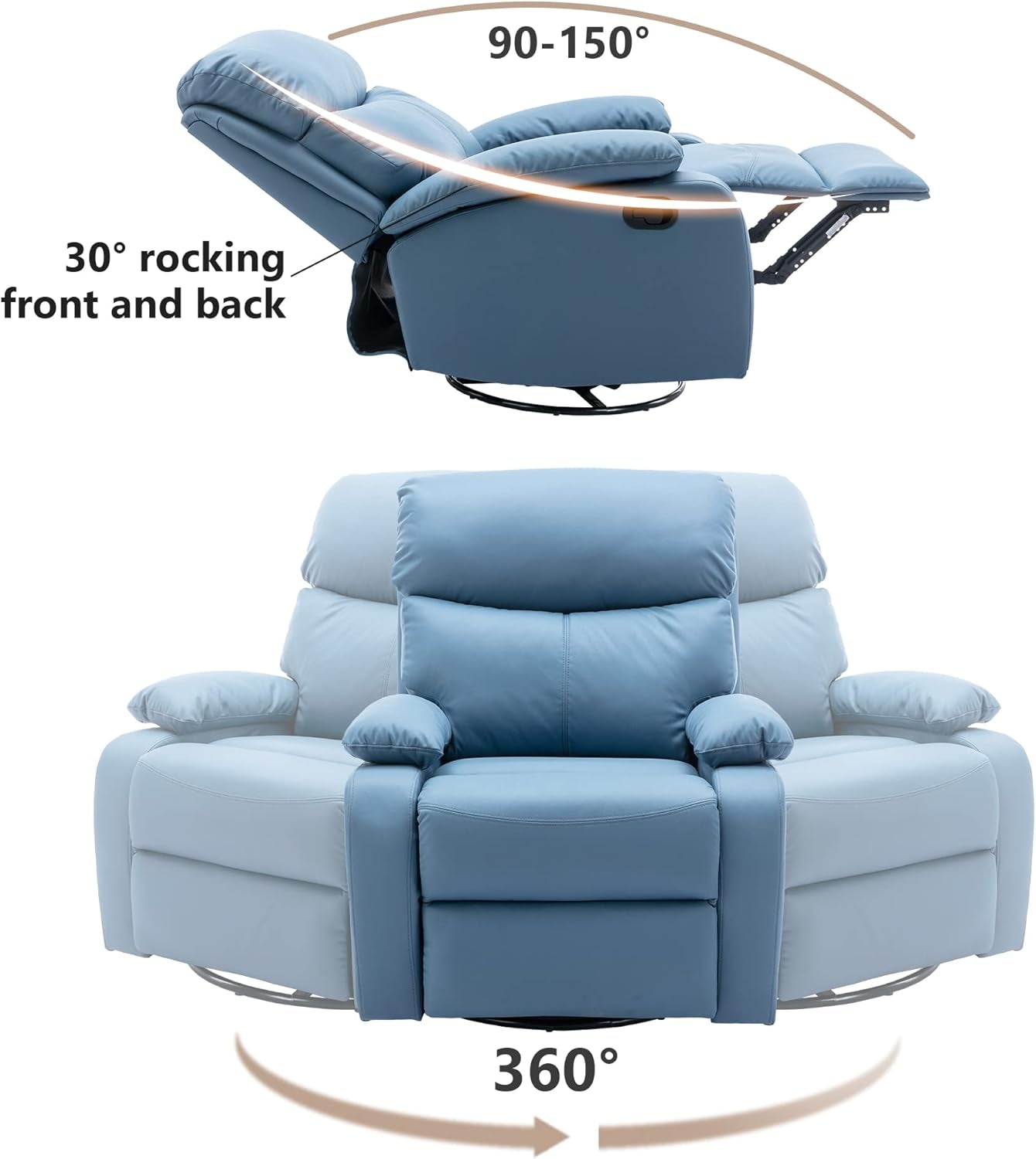 Rocker Swivel Recliner Chair, Rocking Recliner Chair Made of Microfiber Technical Cloth, Manual Small Recliners for Small Spaces Reclining for Living Room, Blue-2
