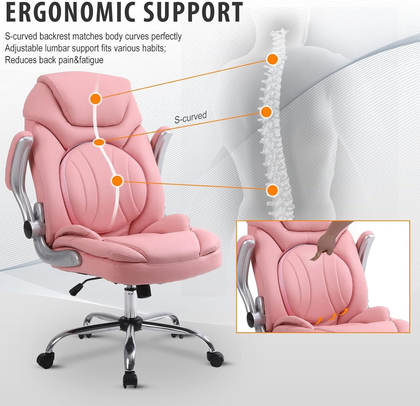 Ergonomic Executive Office Chairs with Adjustable Lumbar Support, 90-120° Rocking Managerial Chair Swivel Desk Chairs with Padded Flip-Up Armrests (Pink), Medium(300Lbs)-2