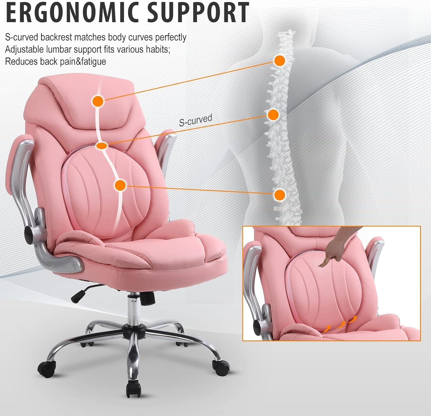 Ergonomic Executive Office Chairs with Adjustable Lumbar Support, 90-120° Rocking Managerial Chair Swivel Desk Chairs with Padded Flip-Up Armrests (Pink), Medium(300Lbs)-2