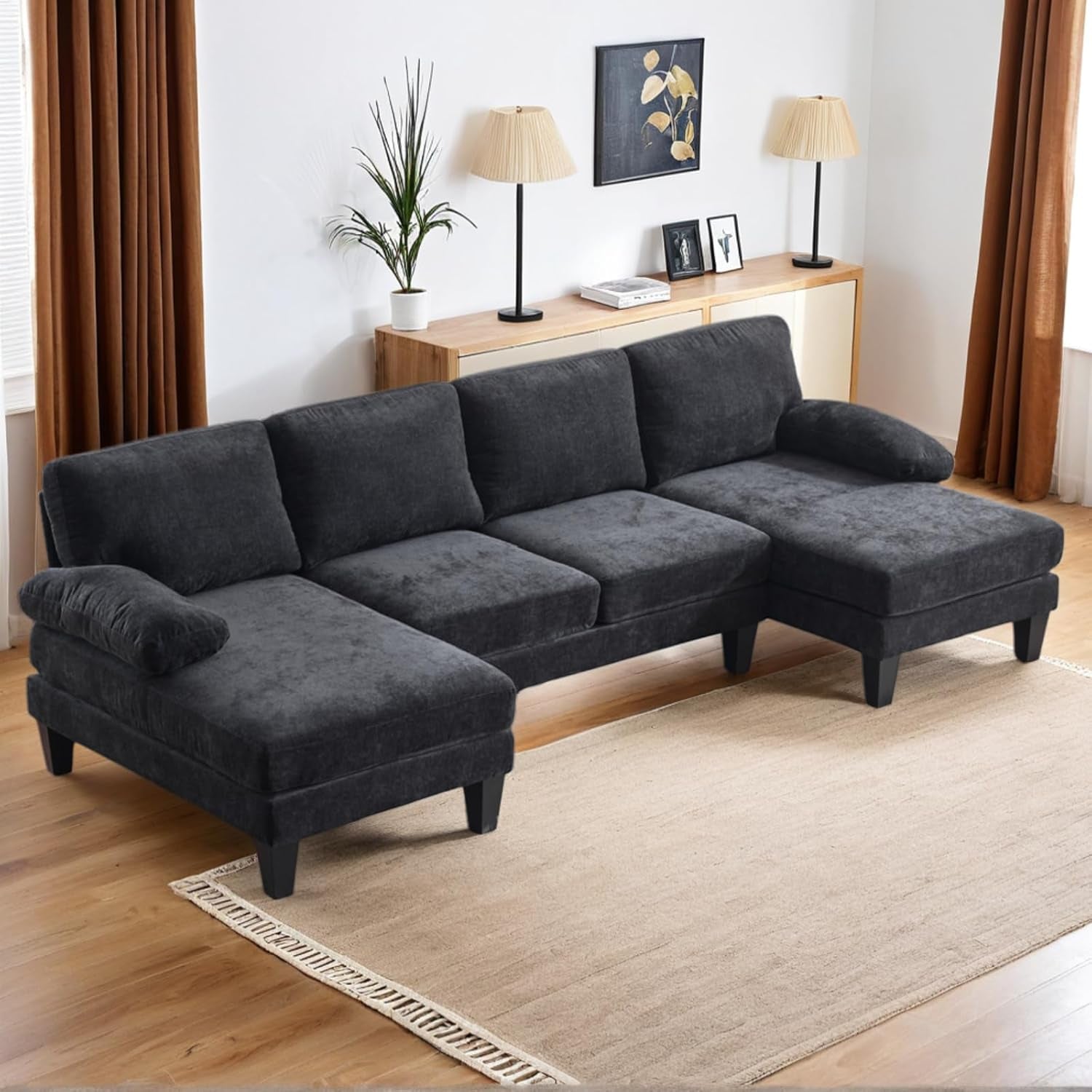 U-Shape Sectional Sofa Couch 111" Modern 4-Seat Sofa with Chaises Chenille Fabric Upholstered Covertible Couch with Wood Grain Legs for Living Room, Reception Room, Apartment, Black-0