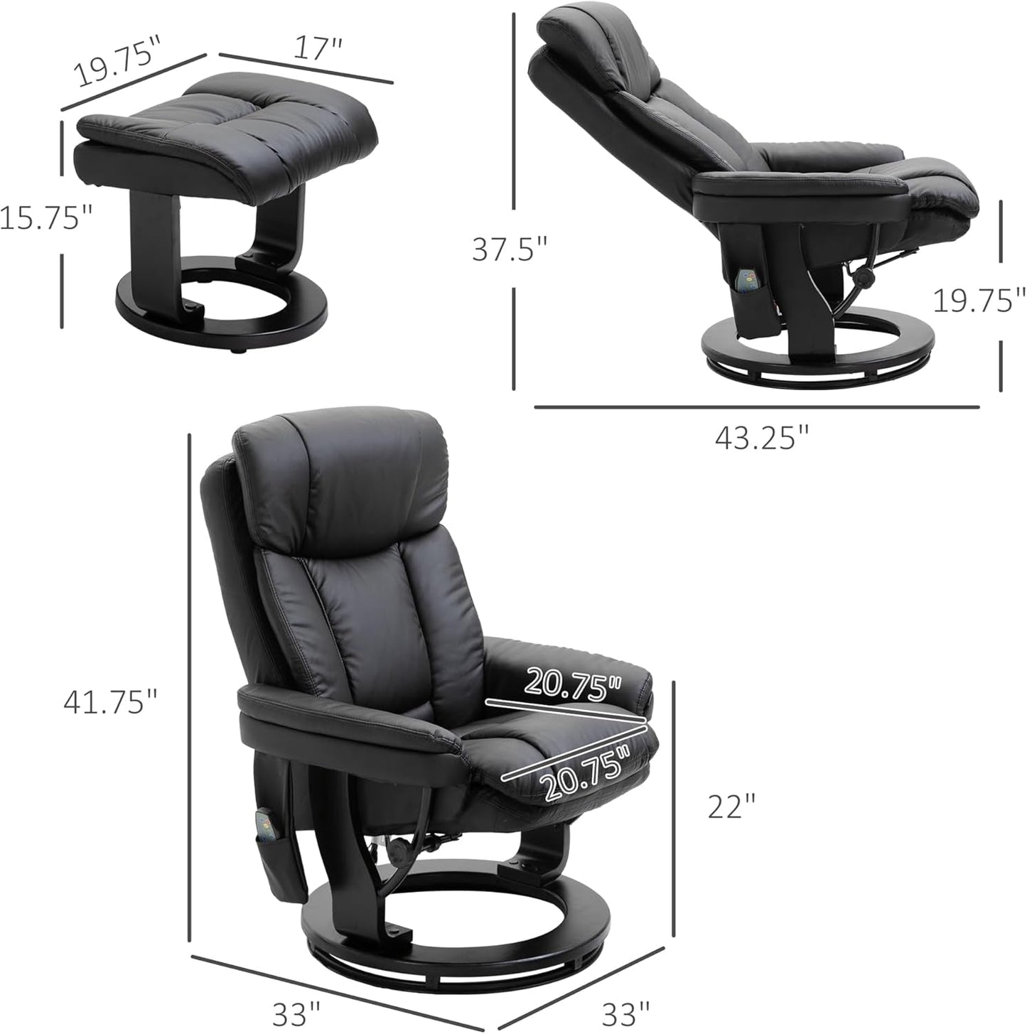 PU Leather Massage Recliner Chair with Ottoman 10 Point Vibration Swiveling Armchair, Black-2