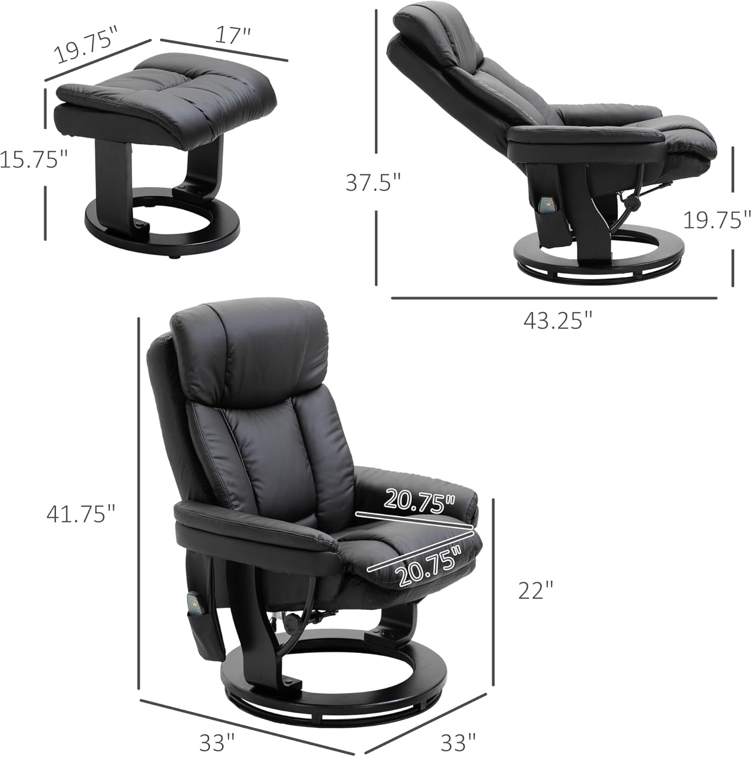 PU Leather Massage Recliner Chair with Ottoman 10 Point Vibration Swiveling Armchair, Black-2