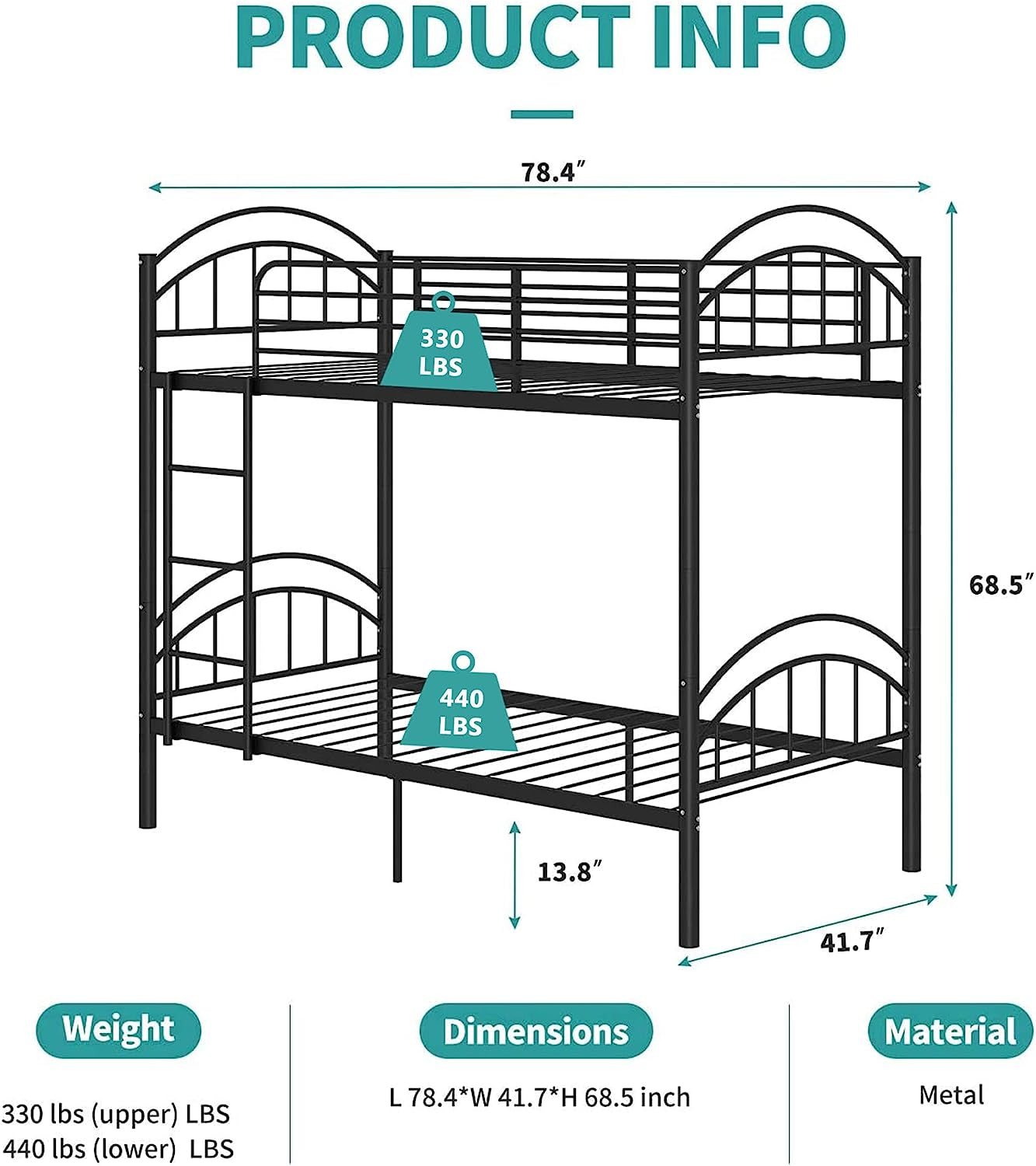 Twin Metal Bunk Bed, Convertible, Black-1