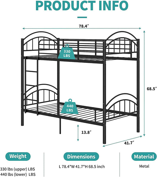 Twin Metal Bunk Bed, Convertible, Black-1