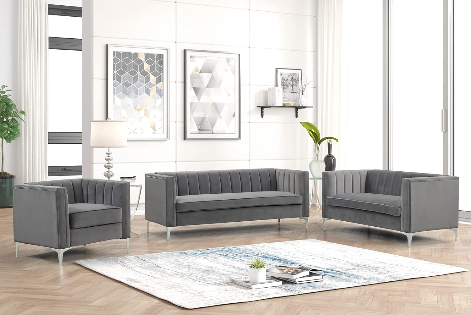 Velvet Accent Chair Loveseat Contemporary Sofa Home Theater Seating Upholstered Accent Arm Modern Chesterfield Sofa Furniture Couch Set for Living Room Office Bedroom Apartment, Grey-4