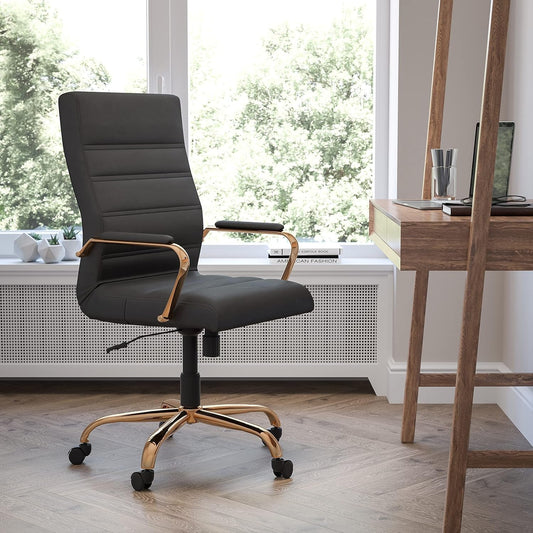 Whitney High-Back Swivel Leathersoft Desk Chair with Padded Seat and Armrests, Adjustable Height Padded Office Chair, Black/Gold-1