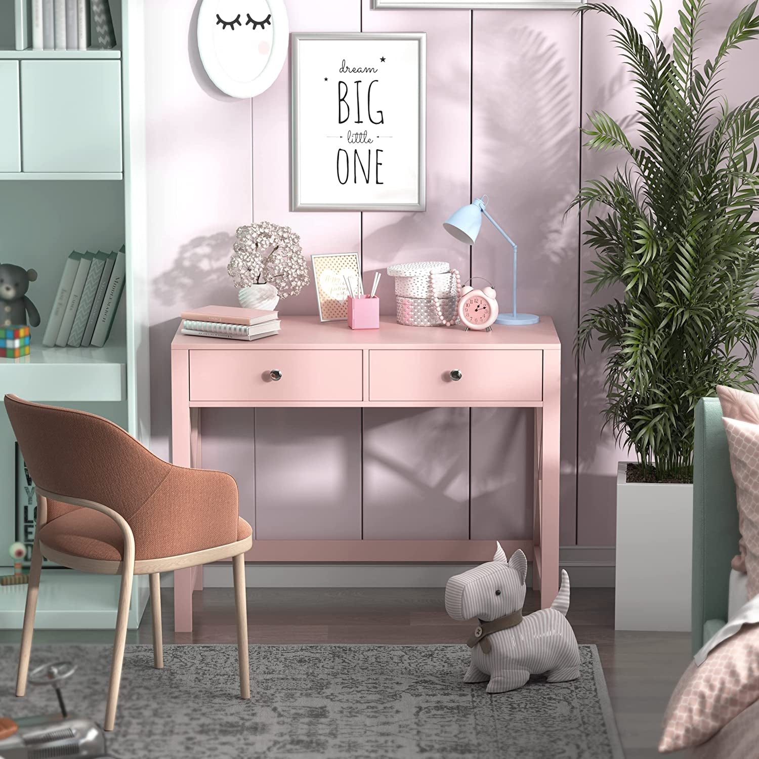 Pink Modern Writing Computer Desk with Drawers-0