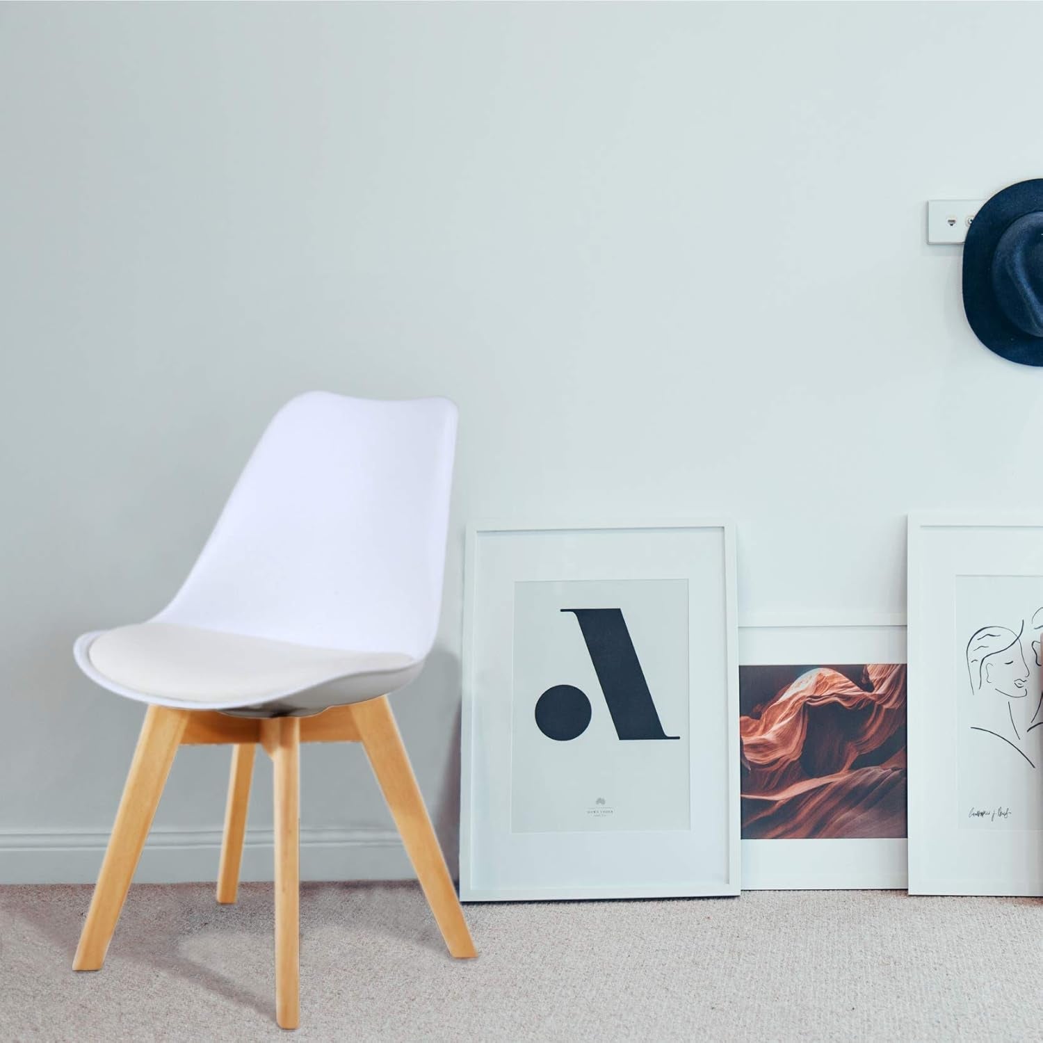 Set of 2 Modern Style Chair Dining Chairs, Shell Lounge Plastic Chair with Natural Wood Legs (White)-3