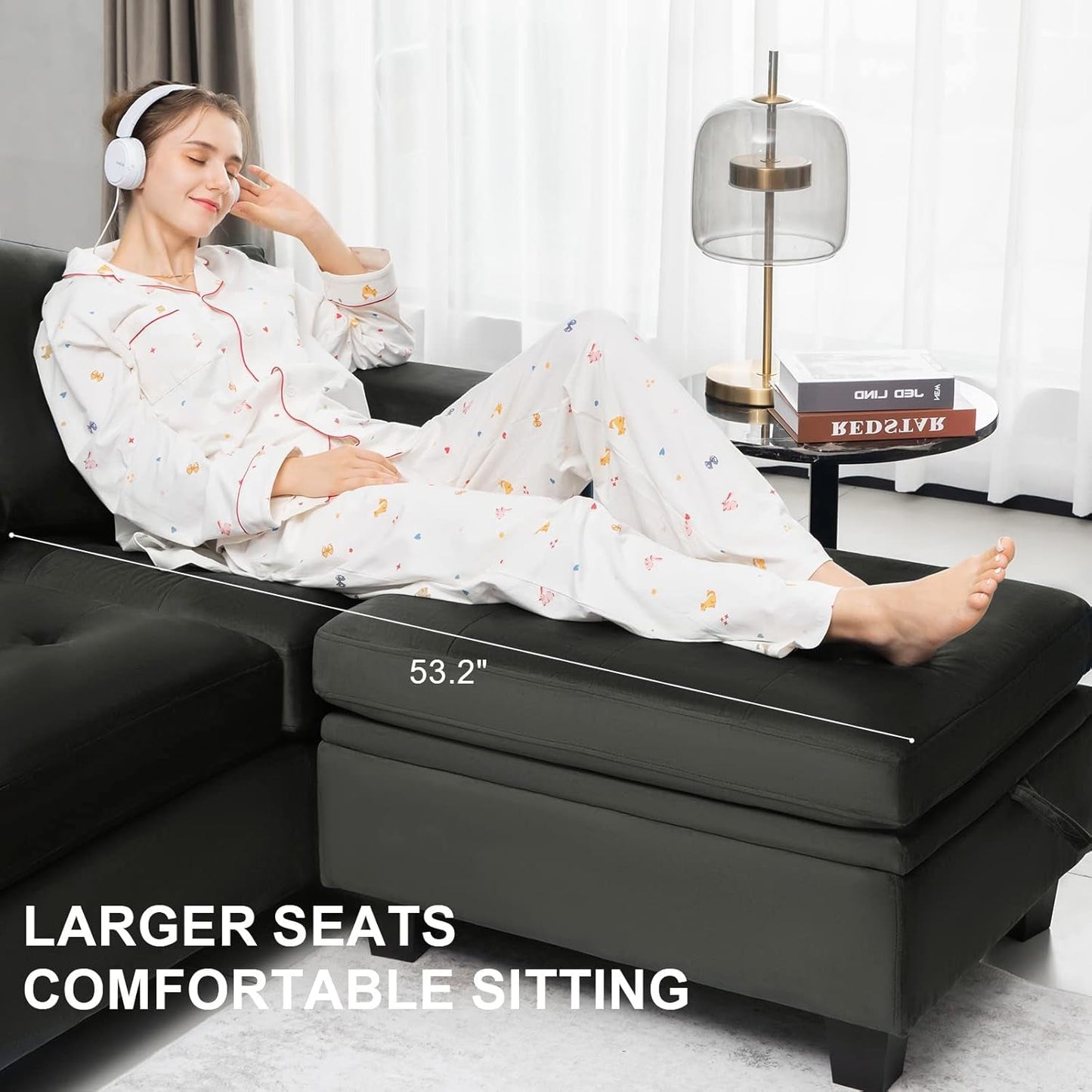 Velvet Convertible 4-Seat Sectional Sofa with Reversible Chaise L Shaped Sofa Couch Furniture Sets Sectional Couch with Storage Ottoman Grey-4