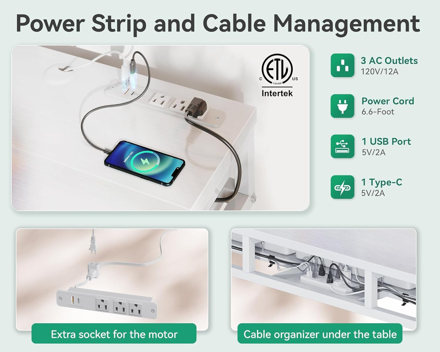 Electric Standing Desk with Drawers, 55 Inch Height Adjustable Desk with Power Outlets, Sit Stand Table, Writing Computer Desk for Home, Office, Workstation, White-3