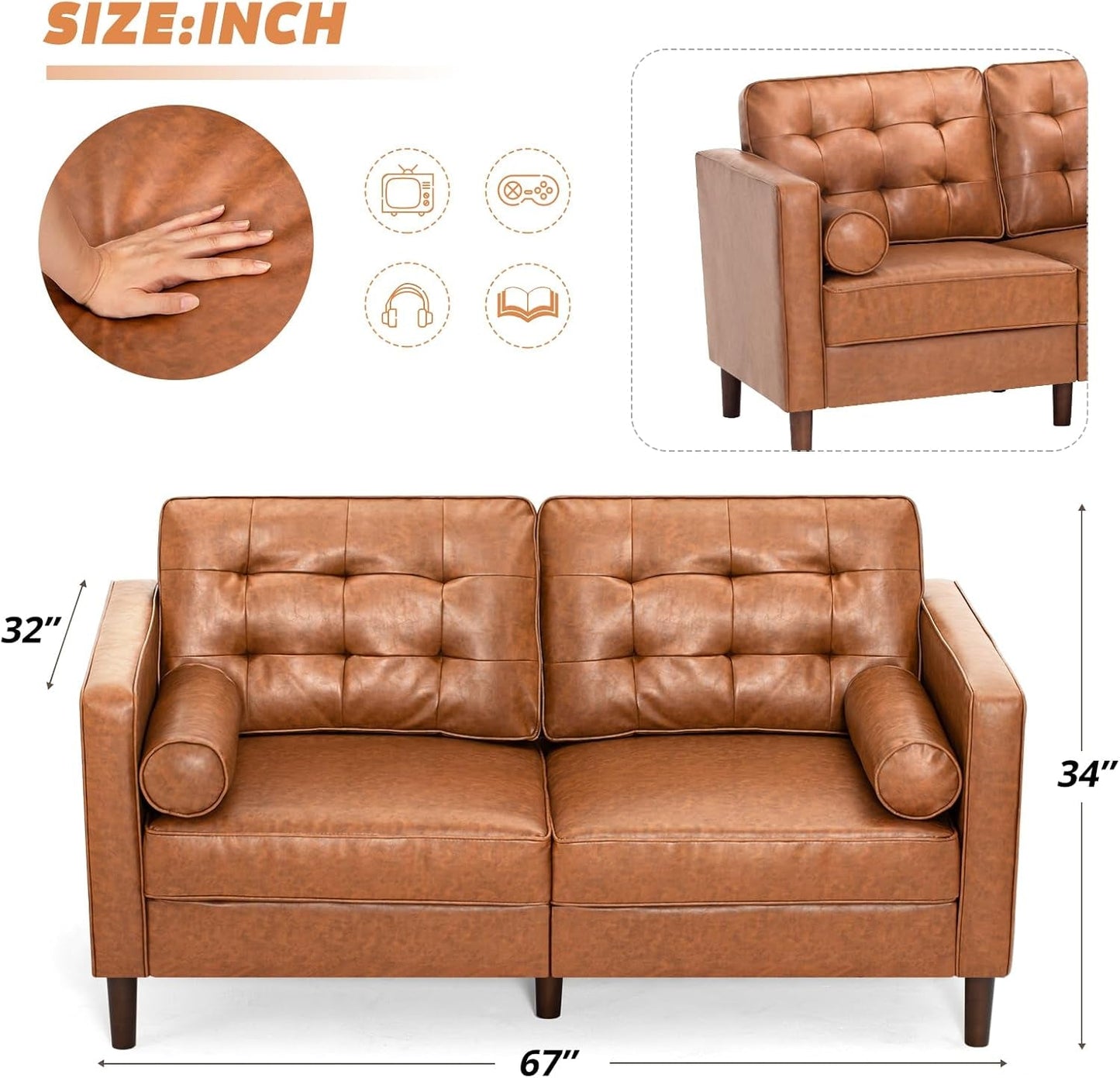 2 Pieces Faux Leather Couch Set, Upholstered 3 Seat & Loveseat Sofa with Bolster Pillows, Mid Century Modern Couch Set with Wooden Legs for Living Room, Bedroom, Office. Brown-1