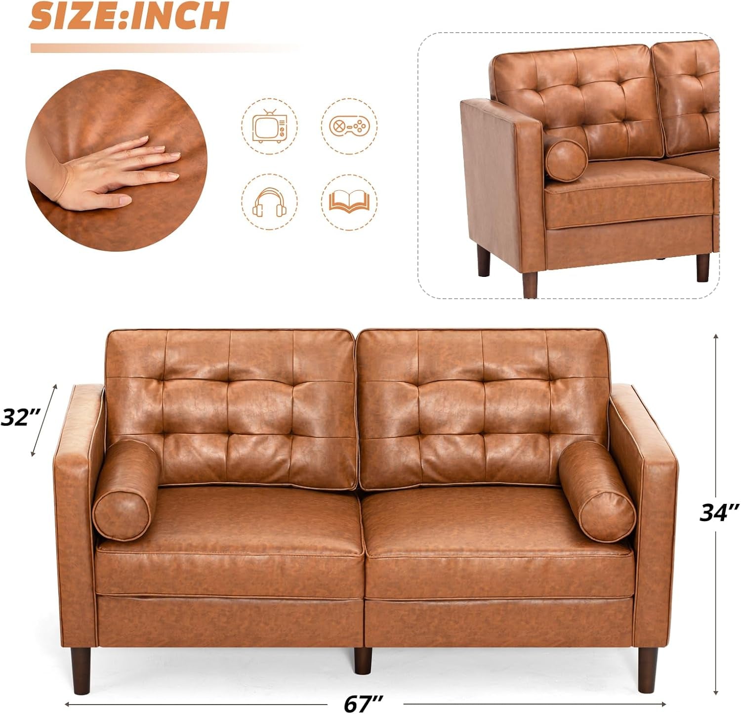 2 Pieces Faux Leather Couch Set, Upholstered 3 Seat & Loveseat Sofa with Bolster Pillows, Mid Century Modern Couch Set with Wooden Legs for Living Room, Bedroom, Office. Brown-1
