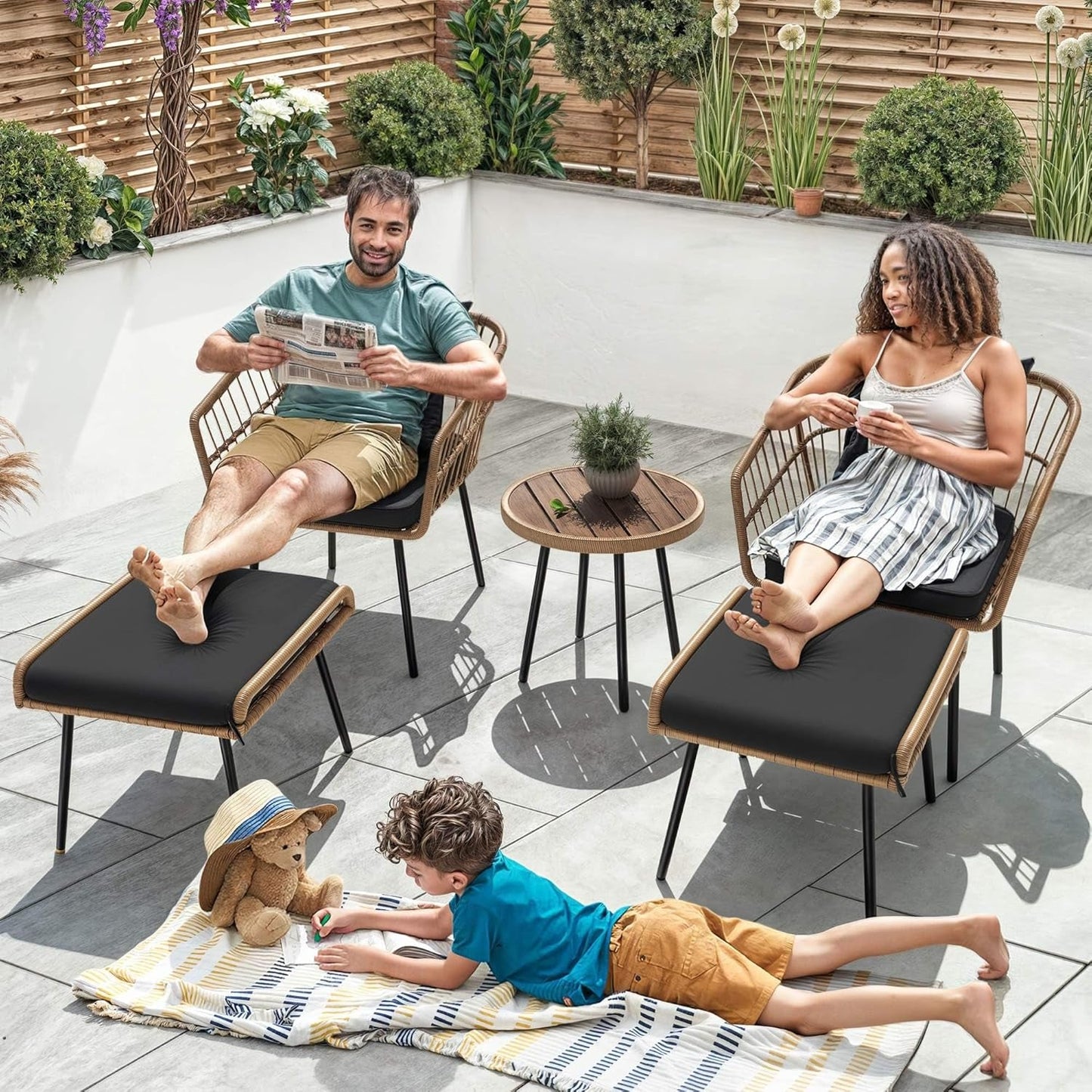 5-Piece Outdoor Wicker Furniture Set, All-Weather Patio Bistro Set with Footrest, Small Patio Conversation Set for Balcony Outside, Outdoor Chairs with Ottomans and Coffee Table - Black-4