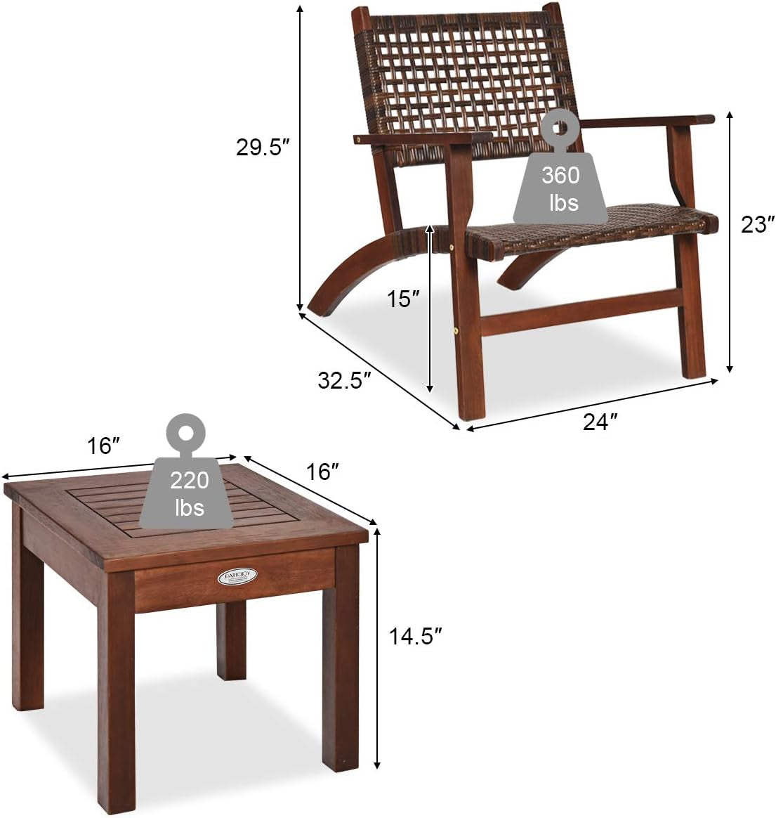 3 PCS Patio Conversation Set, Solid Eucalyptus Wood Frame Outdoor Wicker Furniture Set Bistro Set with Coffee Table, Rattan Furniture Set for Backyard Porch Garden Poolside Balcony (Brown)-4