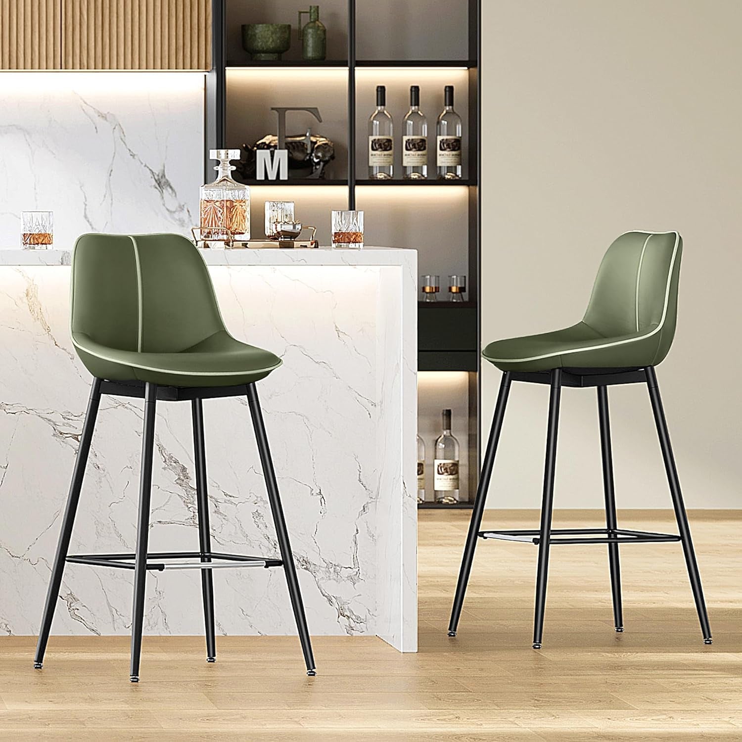 Green Leather Bar Stools with Back (Set 2)-1