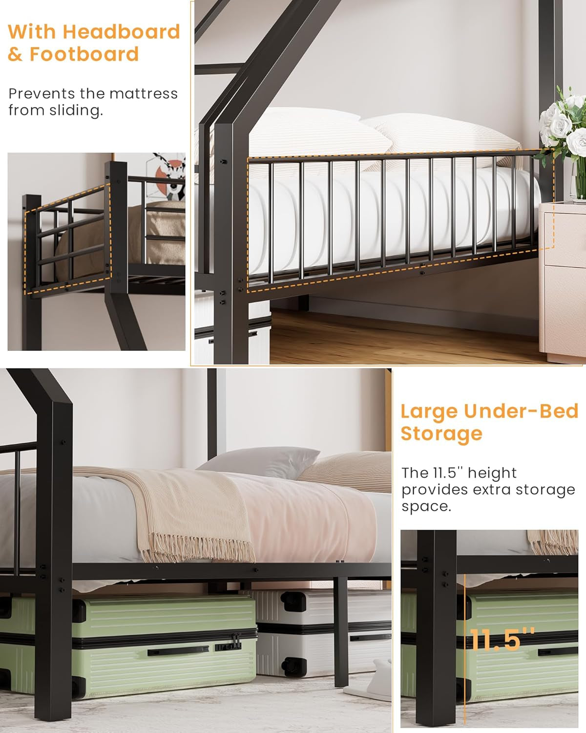 Twin XL over Queen Bunk Bed, Heavy Duty Bunk Bed with Safety Ladder and Full-Length Guardrails, Metal Queen Bed Frame with Slats Support for Adults, Teens, Kids, Black-3