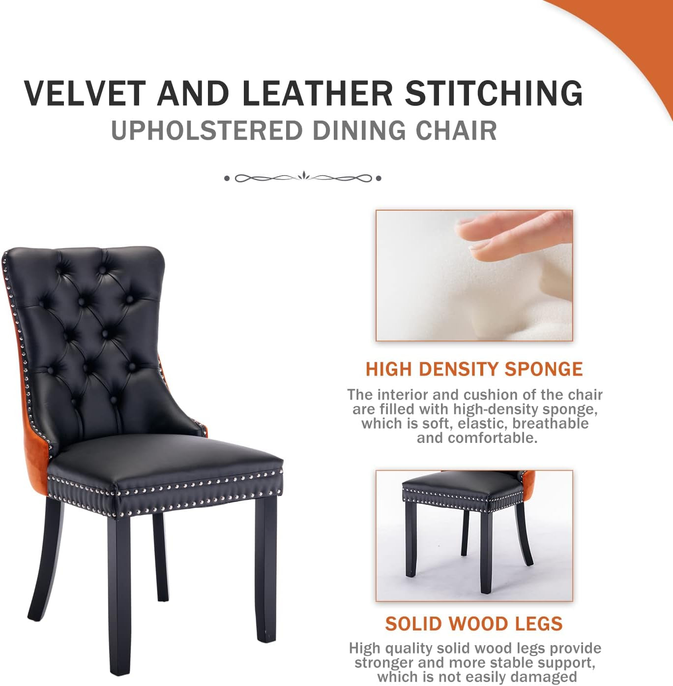 PU Leather Dining Chairs Set of 4, Upholstered Dining Room Chairs with Ring Pull Trim & Button Back, Luxury Tufted Dining Chairs for Living Room, Bedroom, Kitchen (Black Pu&Orange Velvet)-3