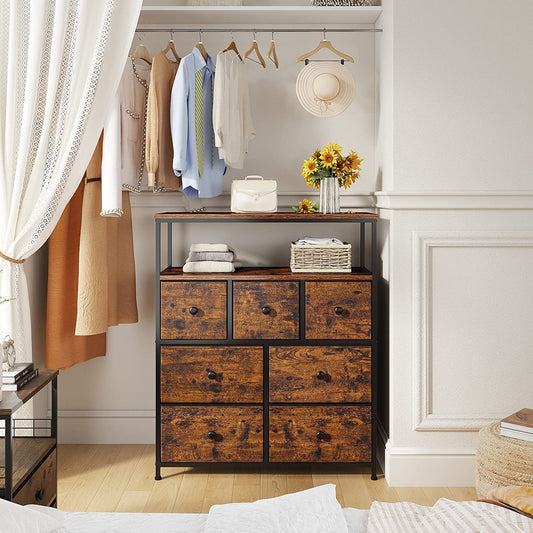 Rustic Brown Wooden Dresser with 7 Drawers and Open Shelves-0