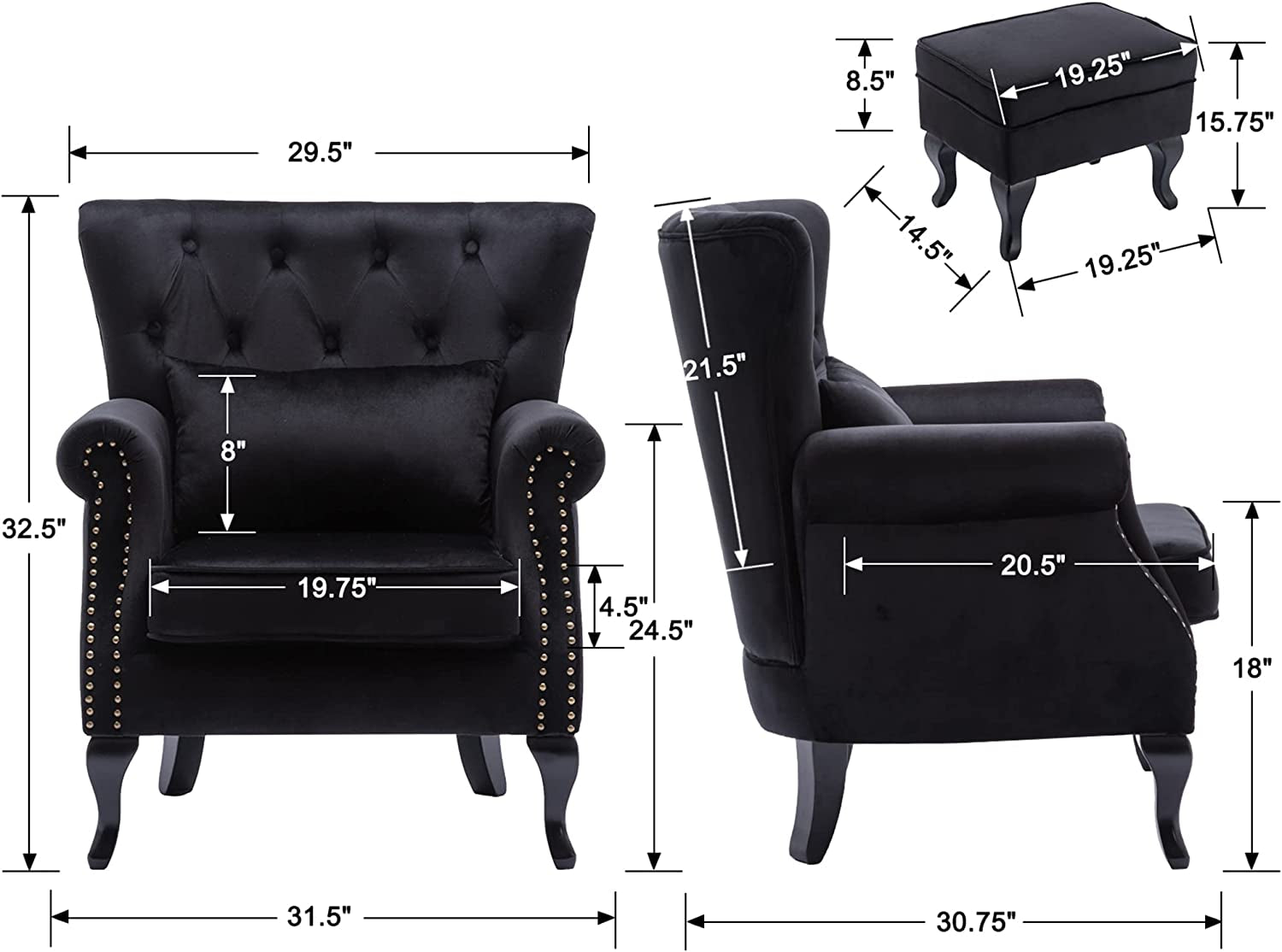 Black Velvet Wingback Chair with Ottoman Set-2