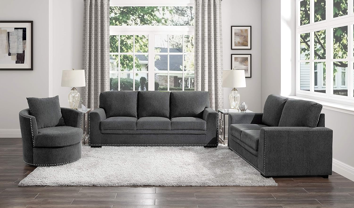 Living Room Furniture Set, Modern Couches for Living Room, Chenille Upholstered Couch Set, Including Sofa, Loveseat and Lounge Chair with Solid Wood Frame, 3-Piece Set, Charcoal-0