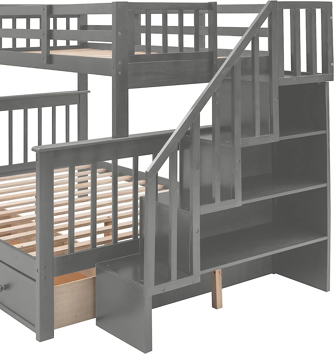 Twin over Full Bunk Bed with Stairs, Grey-1