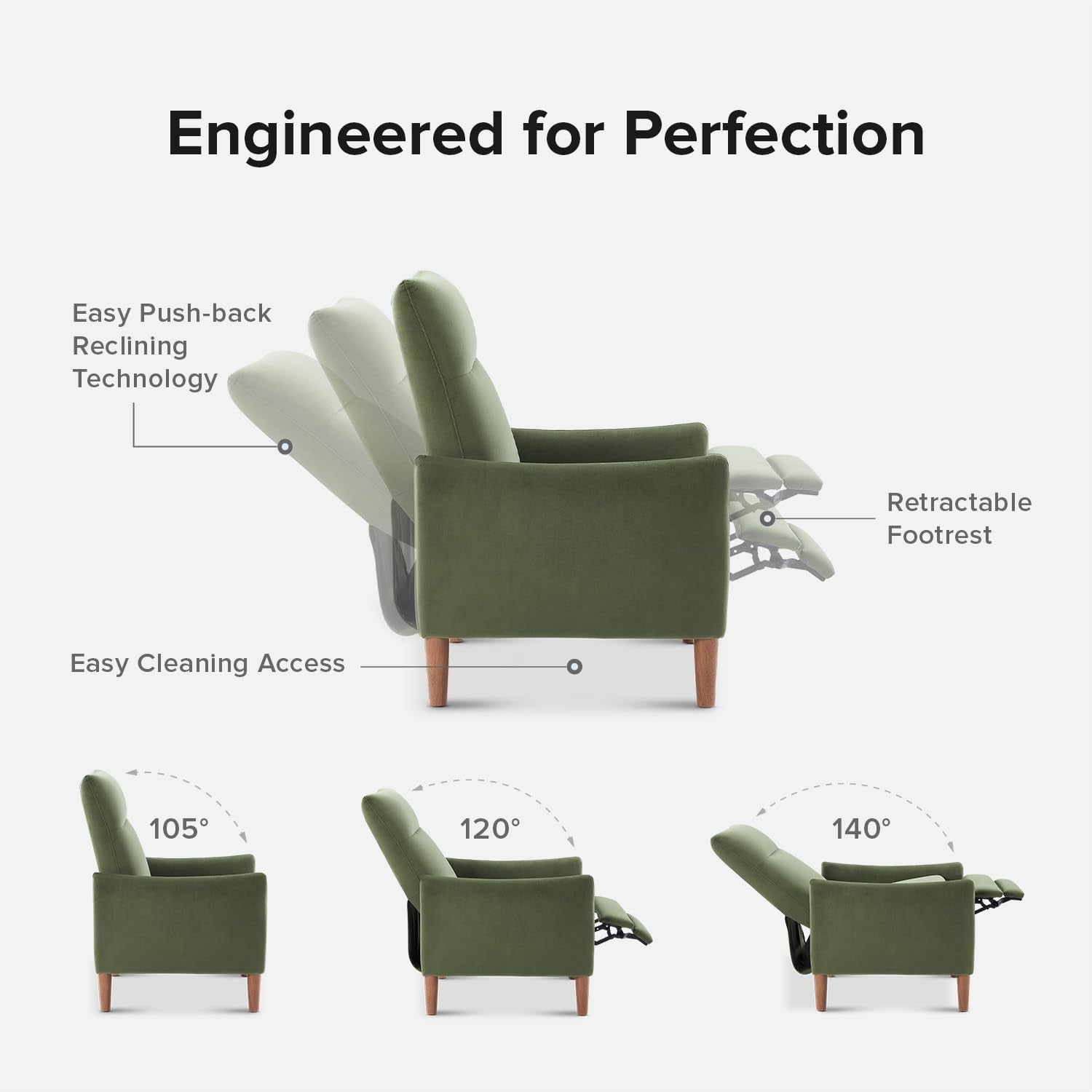 Arthur Recliner Chair with 3 Positions, Accent Chair, Mid Century Modern Reading Chair, High Back Padded Support Comfy Sleeper Armchair (Olive Green Velvet)-2