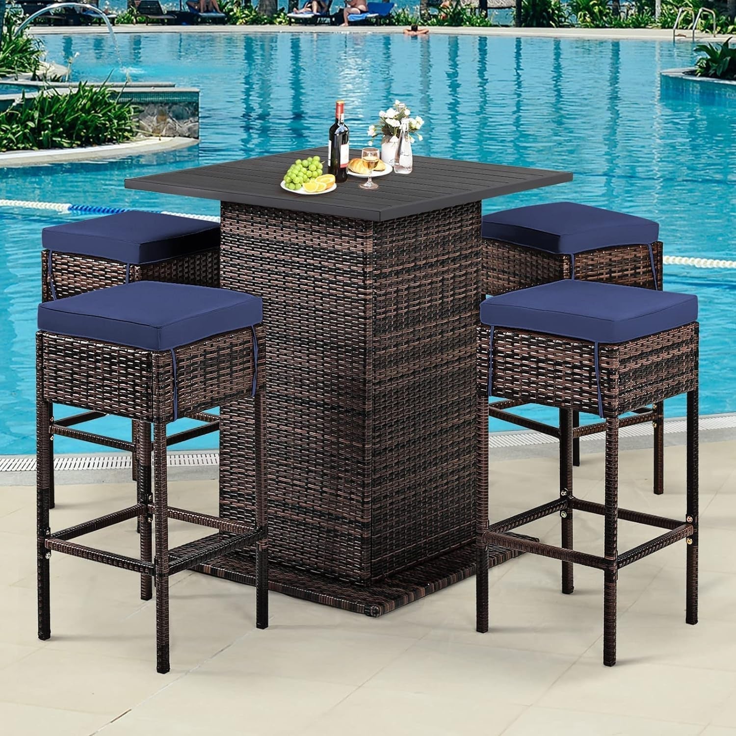 5-Piece Outdoor Bar Set, Wicker Rattan Bar Height Patio Set W/4 Cushion Bar Stools & Table with Hidden Storage, 5PCS Outdoor High Top Table and Chairs Set for Backyard Poolside (Navy Blue)-1