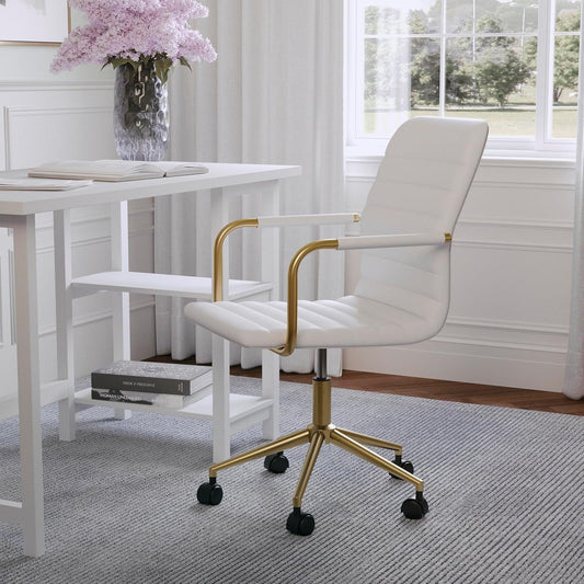 Taytum Swivel Task Chair with Armrests for Home Office in White Faux Leather with Polished Brass Frame-1