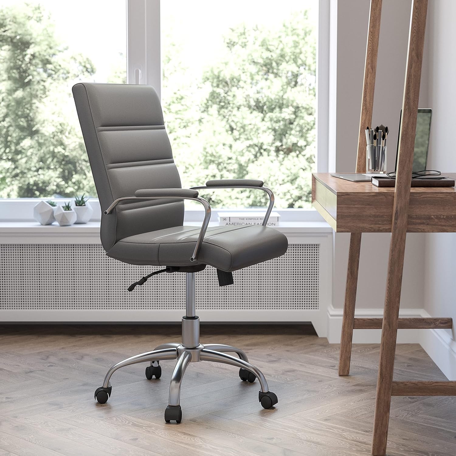 Gray LeatherSoft Office Chair, Swivel, Adjustable, Padded Arms-0